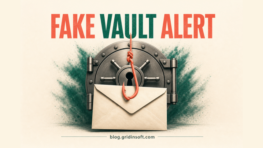 A password vault receives a fake security email while a phishing hook waits behind it