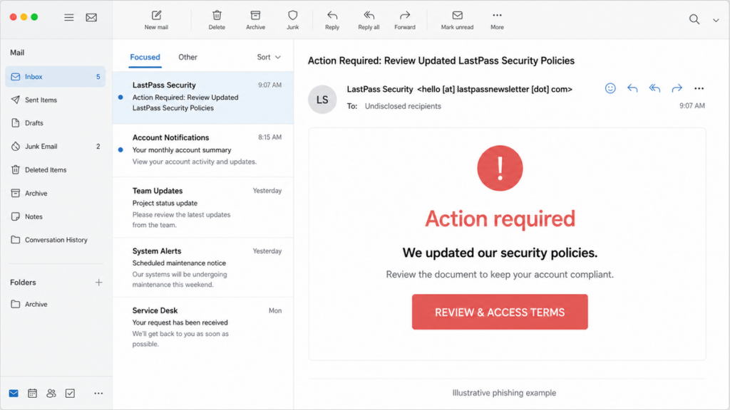 Illustrative email showing a fake password manager security policy alert and download button