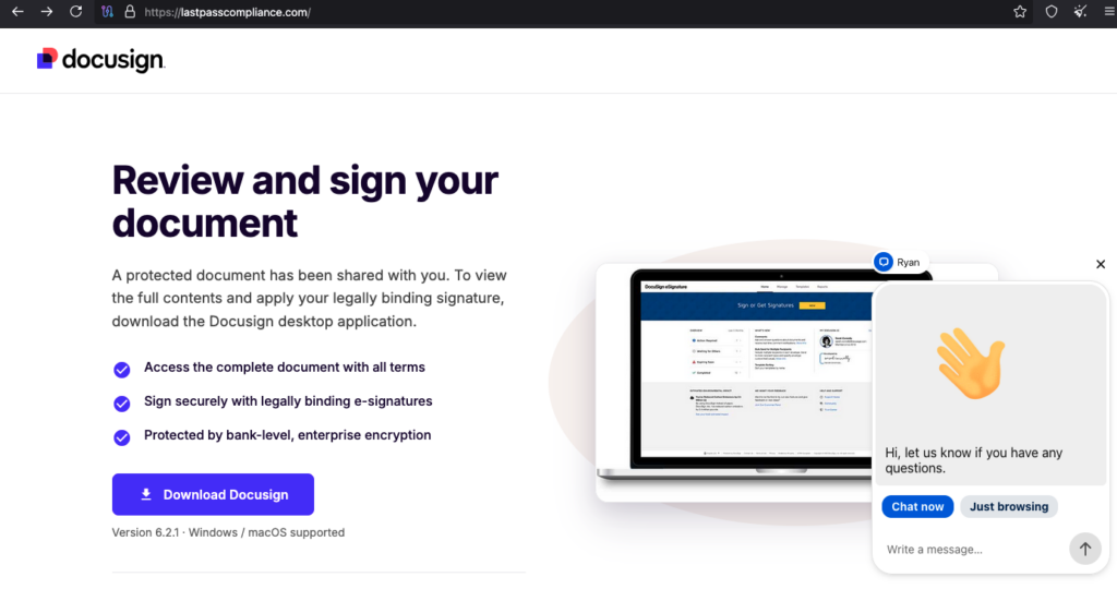 Fake DocuSign download page displayed on the lastpasscompliance lookalike domain