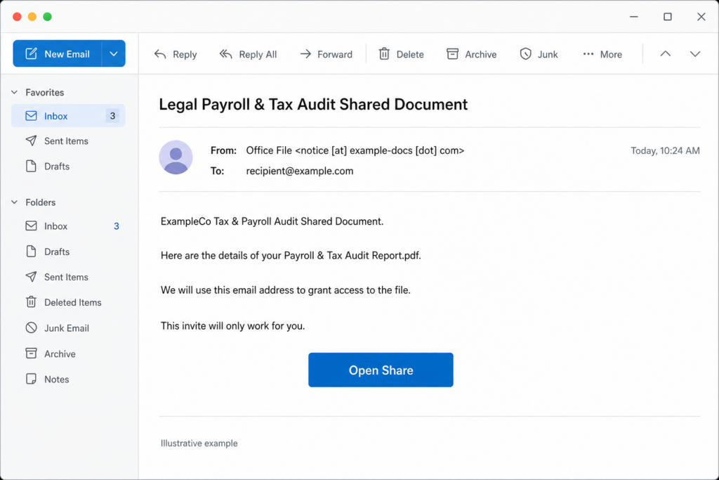 Illustrative desktop example of a fake Legal Payroll and Tax Audit shared document email