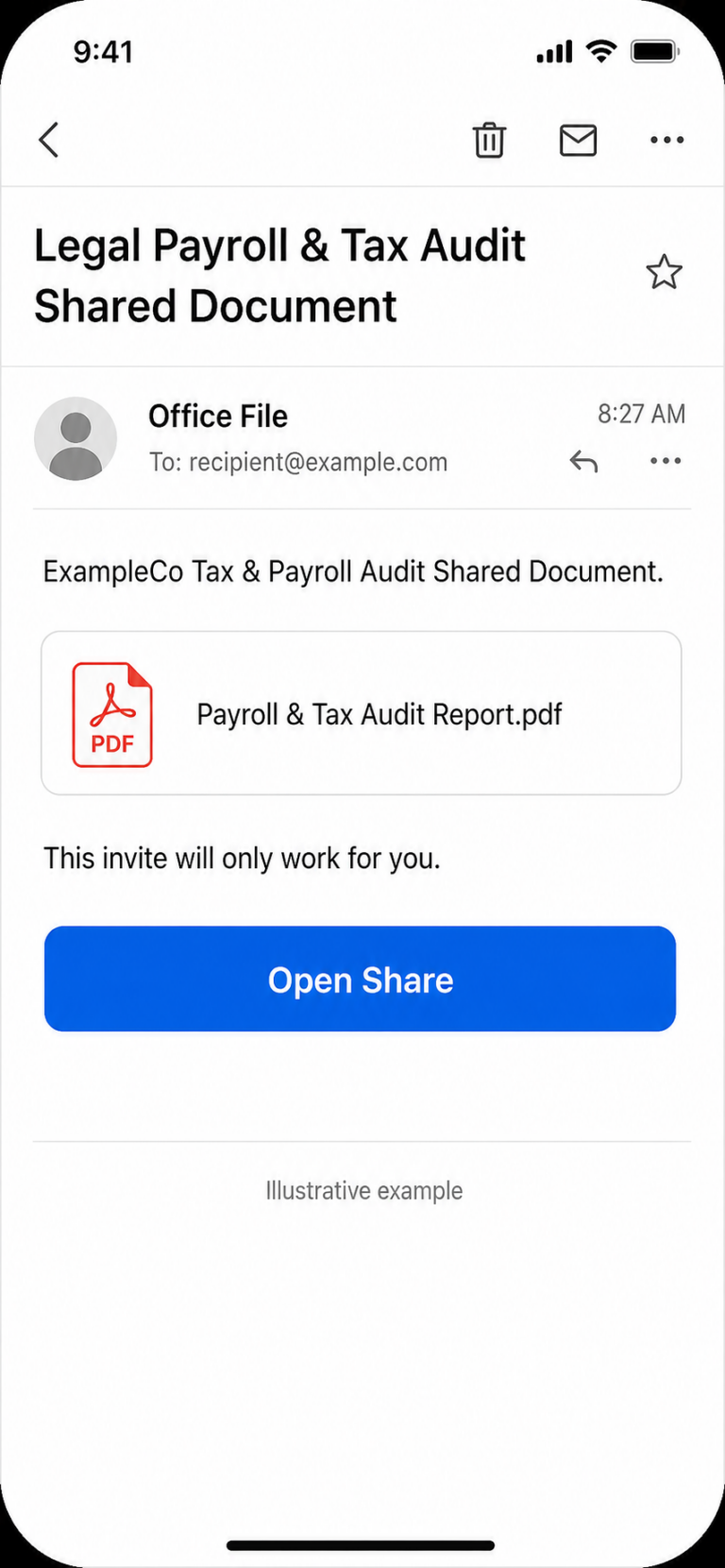 Illustrative mobile example of a fake Legal Payroll and Tax Audit shared document email