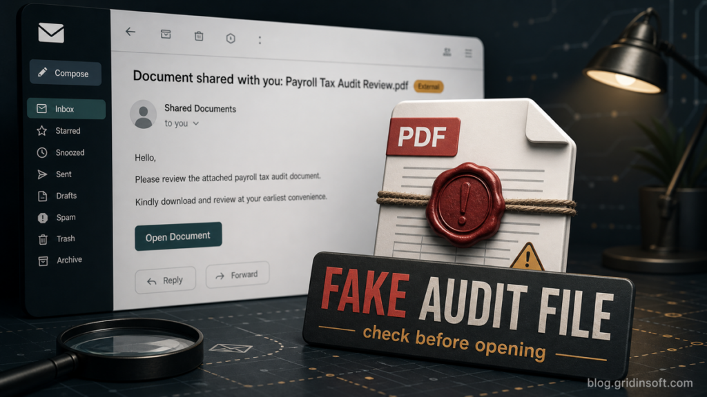 Fake payroll and tax audit shared document email with a suspicious PDF request