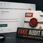 Fake payroll and tax audit shared document email with a suspicious PDF request