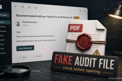 Fake payroll and tax audit shared document email with a suspicious PDF request
