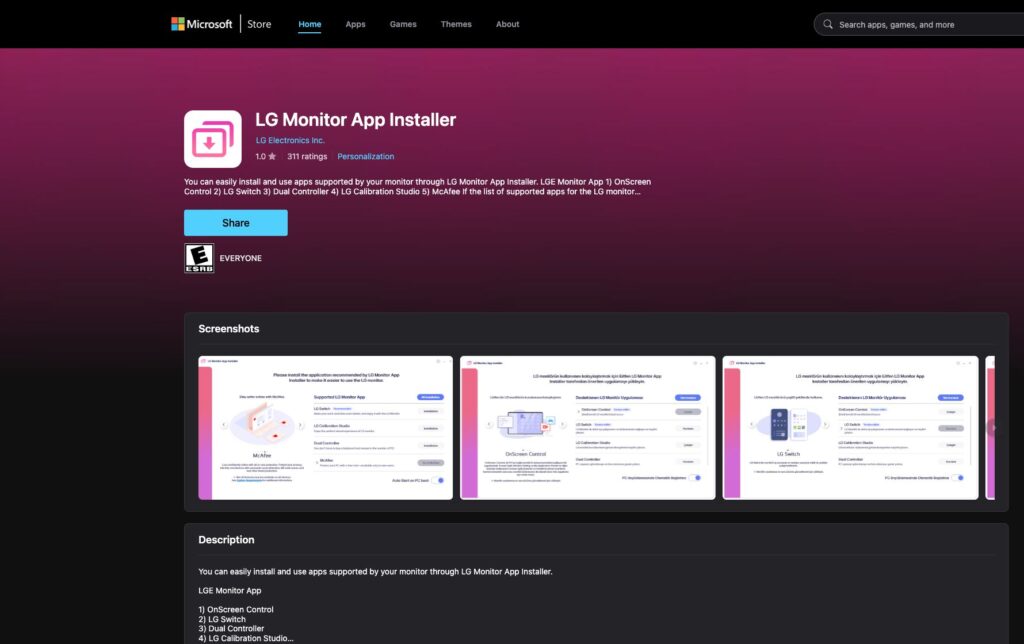 Microsoft Store listing for LG Monitor App Installer by LG Electronics Inc.