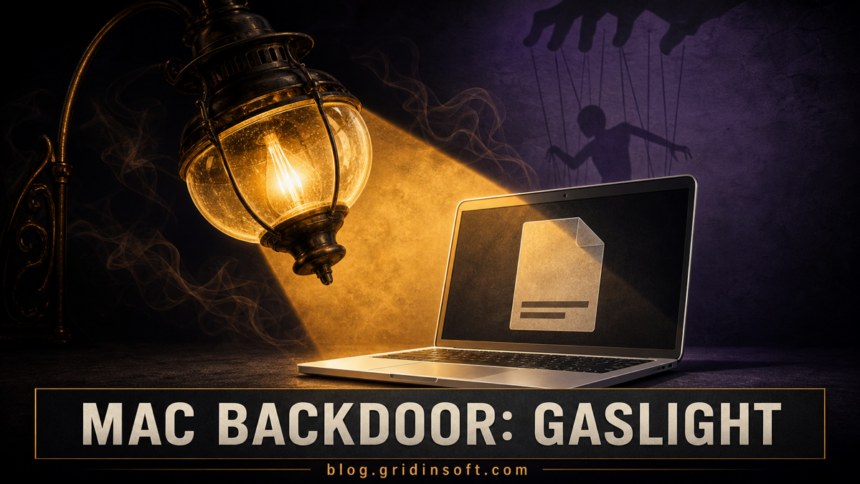 macOS.Gaslight Malware Removal and Account Recovery 1 Gas lamp shining on a Mac laptop to illustrate the macOS.Gaslight backdoor.