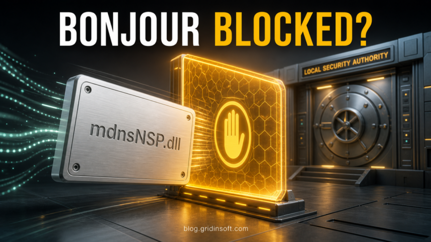 Bonjour mdnsNSP.dll stopped by Local Security Authority protection on Windows.