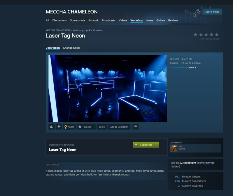 Meccha Chameleon Workshop Malware: Laser Tag Neon Cleanup 2 Steam Workshop listing for the Laser Tag Neon map in Meccha Chameleon.
