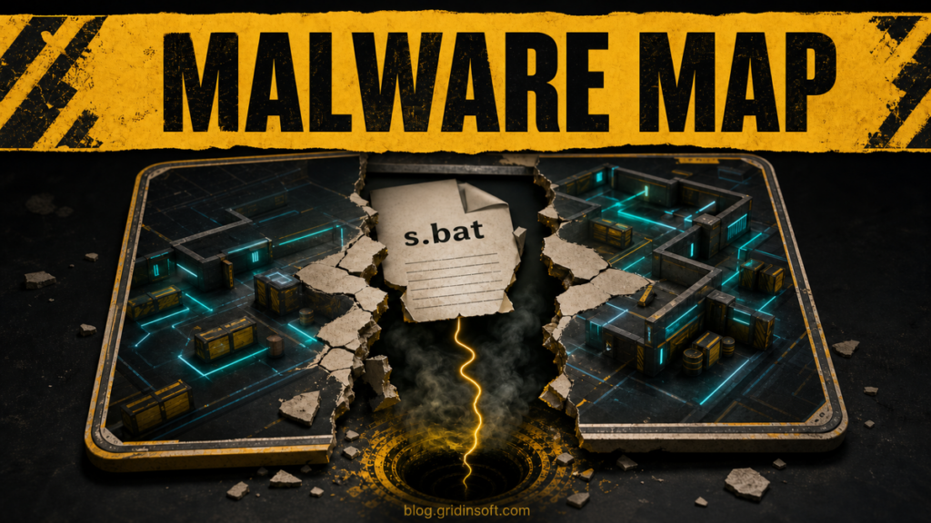 Cracked neon arena map revealing an s.bat malware dropper.