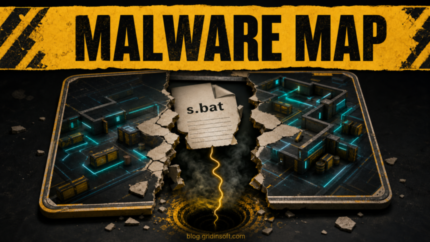 Meccha Chameleon Workshop Malware: Laser Tag Neon Cleanup 1 Cracked neon arena map revealing an s.bat malware dropper.