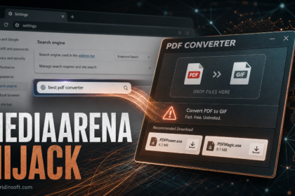 MediaArena fake PDF converter hijacking browser search settings.