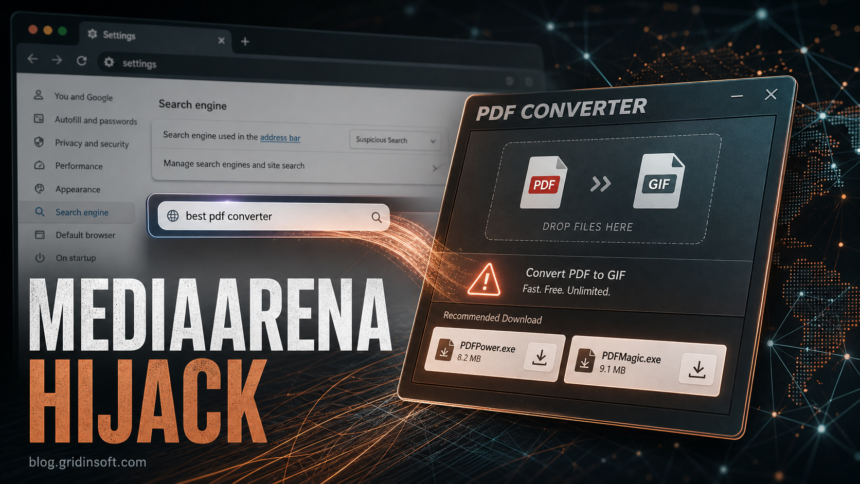 MediaArena fake PDF converter hijacking browser search settings.