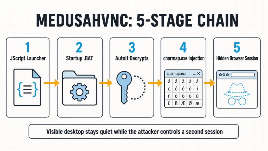 Five-stage MedusaHVNC chain from JScript and Startup persistence through AutoIt decryption, charmap.exe injection, and a hidden browser session.