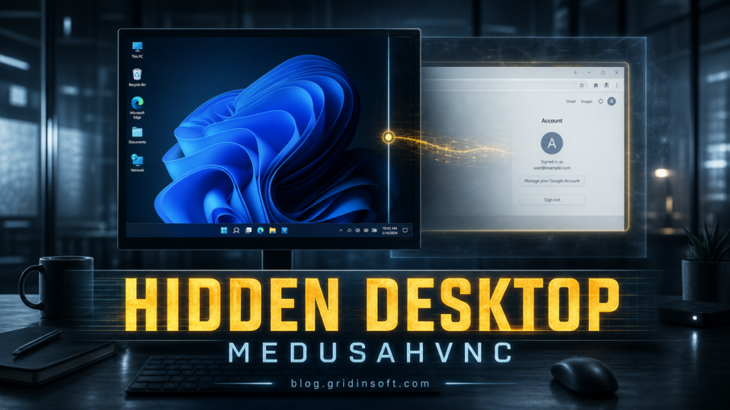 A visible Windows desktop in front of a concealed logged-in browser session controlled by MedusaHVNC.