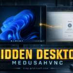 A visible Windows desktop in front of a concealed logged-in browser session controlled by MedusaHVNC.