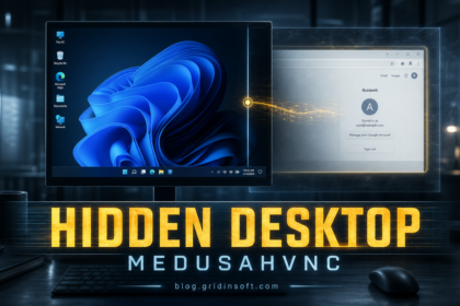 A visible Windows desktop in front of a concealed logged-in browser session controlled by MedusaHVNC.