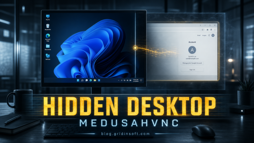 A visible Windows desktop in front of a concealed logged-in browser session controlled by MedusaHVNC.