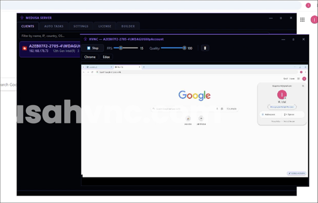 MedusaHVNC operator panel showing Chrome running inside a hidden desktop session.