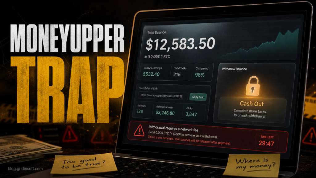 MoneyUpper fake earnings dashboard with a locked cash-out prompt
