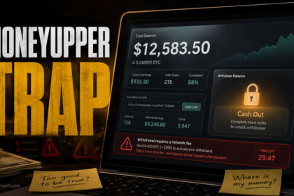 MoneyUpper fake earnings dashboard with a locked cash-out prompt