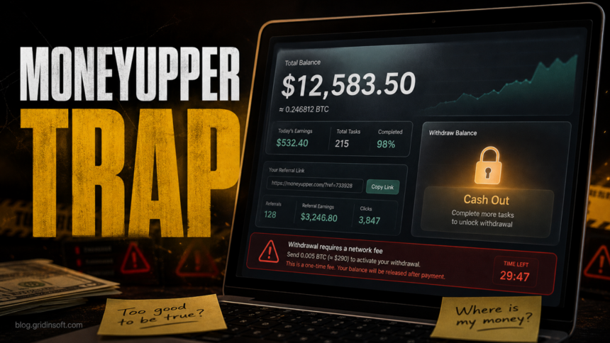 MoneyUpper fake earnings dashboard with a locked cash-out prompt