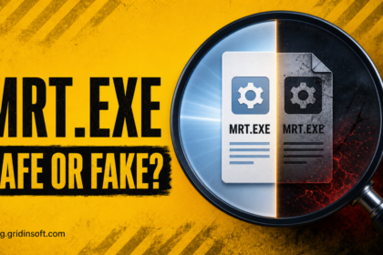 MRT.exe safety illustration comparing a legitimate signed copy with a suspicious same-name copy.