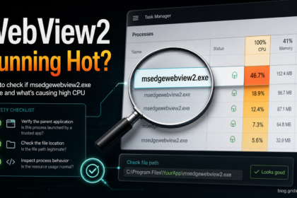 Task Manager-style check of msedgewebview2.exe high CPU and file path safety.