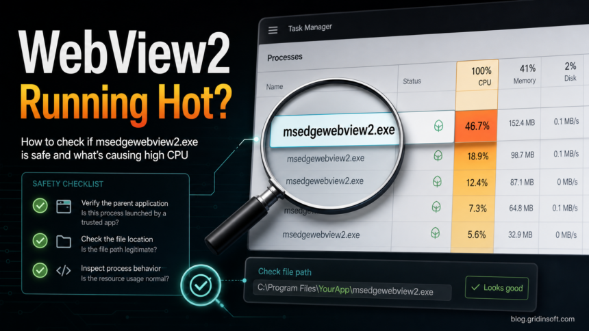 Task Manager-style check of msedgewebview2.exe high CPU and file path safety.