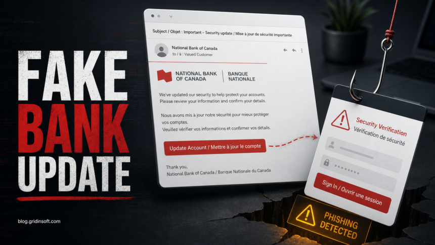 Fake National Bank of Canada security update email leading to a phishing login trap.