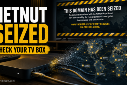 NetNut Popa botnet seizure warning with a smart TV box connected to a residential proxy map.