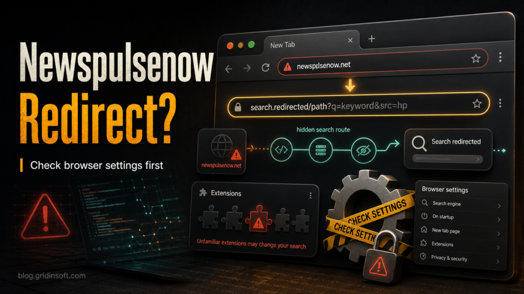 Browser search route warning for a Newspulsenow.net redirect.