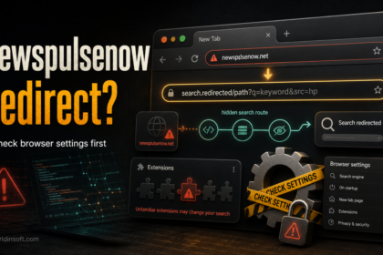Browser search route warning for a Newspulsenow.net redirect.