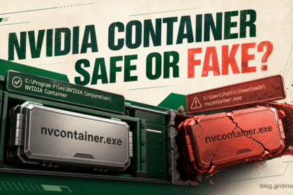 NVIDIA Container comparison showing a legitimate driver component and a suspicious wrong-path nvcontainer.exe copy.