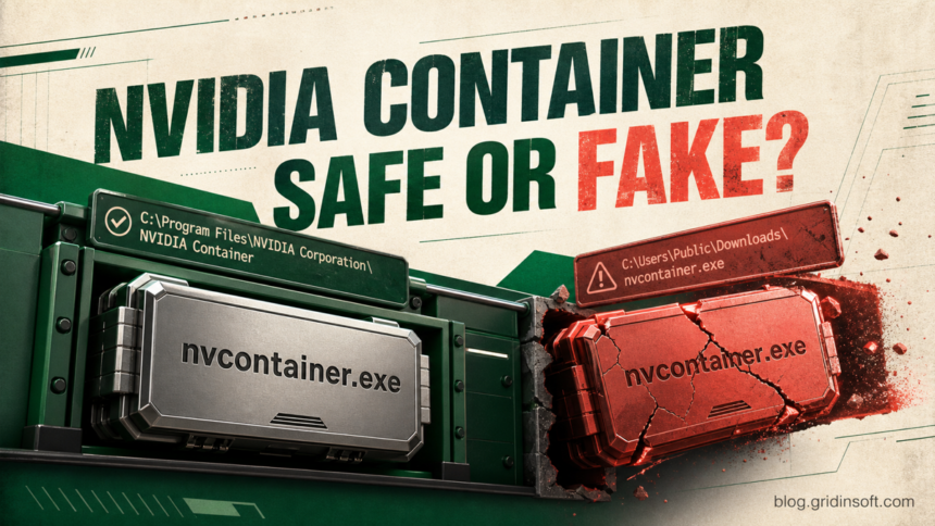 NVIDIA Container: Is nvcontainer.exe Safe? High CPU and Virus Check 1 NVIDIA Container comparison showing a legitimate driver component and a suspicious wrong-path nvcontainer.exe copy.
