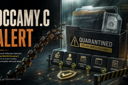 Quarantined Occamy.C alert with cracked installer and cleanup checklist