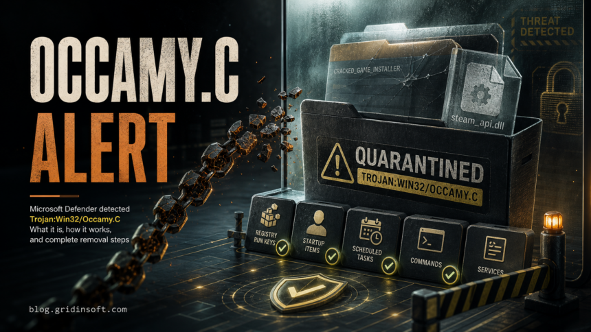 Quarantined Occamy.C alert with cracked installer and cleanup checklist