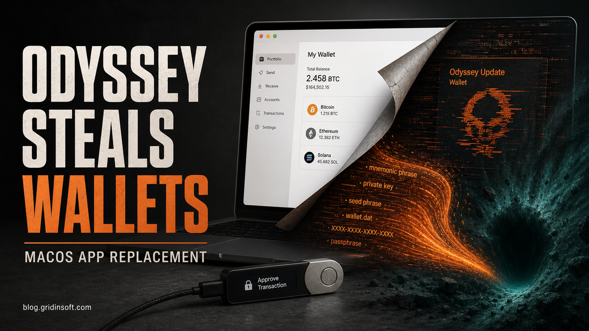 Odyssey Stealer replacing a macOS crypto wallet app and stealing wallet data