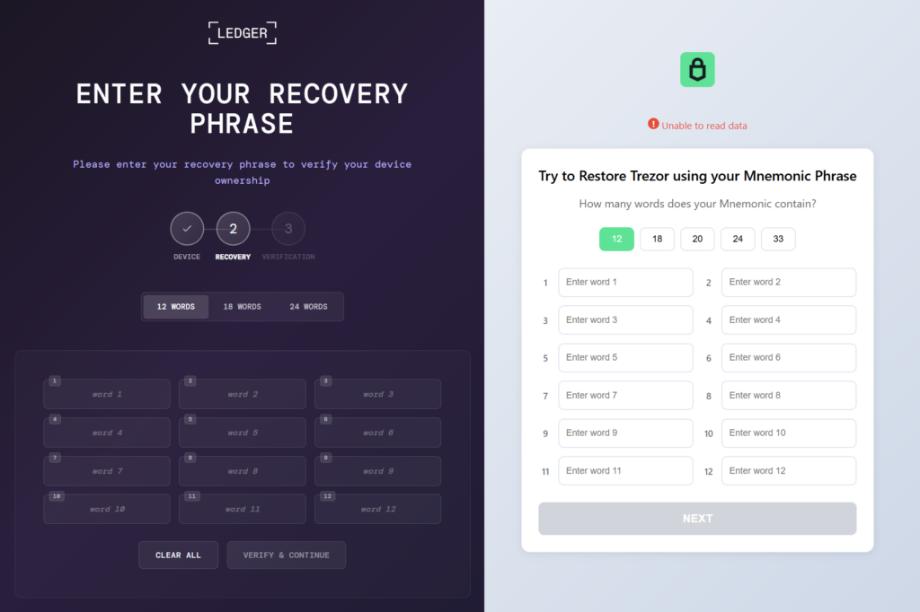 OkoBot Malware Injects Fake Seed Prompts Into Ledger and Trezor Apps 2 Fake Ledger and Trezor recovery phrase forms injected by OkoBot malware.