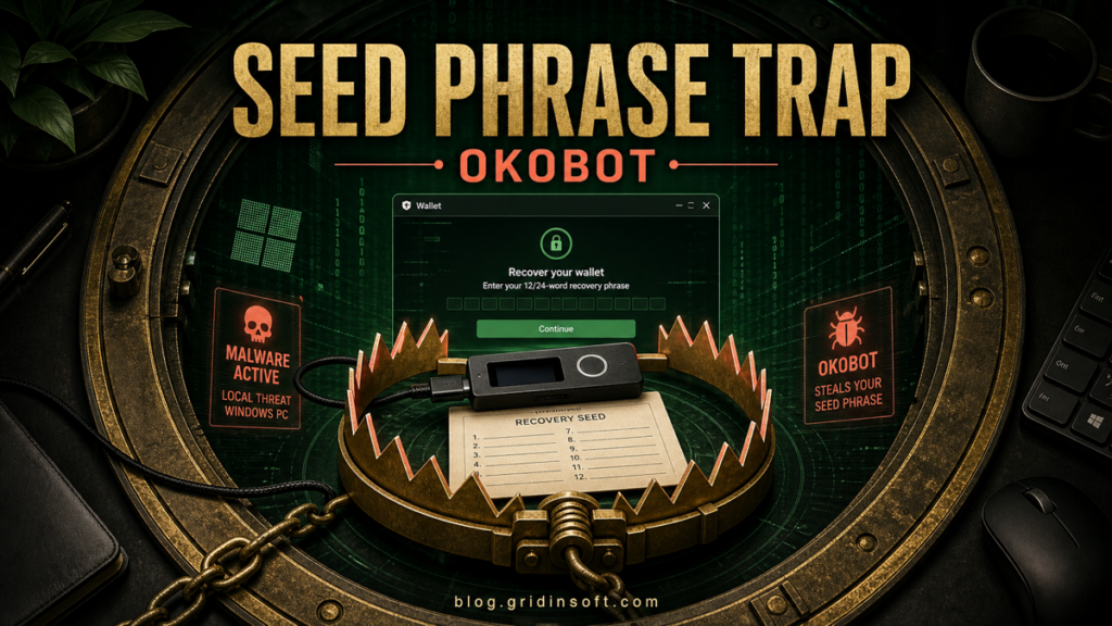 OkoBot malware trap around a hardware wallet recovery seed on a Windows PC.