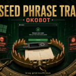 OkoBot malware trap around a hardware wallet recovery seed on a Windows PC.