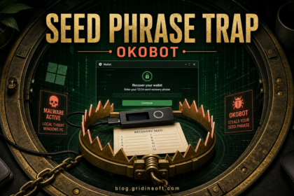 OkoBot malware trap around a hardware wallet recovery seed on a Windows PC.
