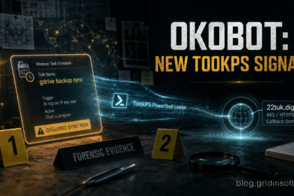 OkoBot TookPS PowerShell loader connecting a disguised scheduled task to a callback domain.
