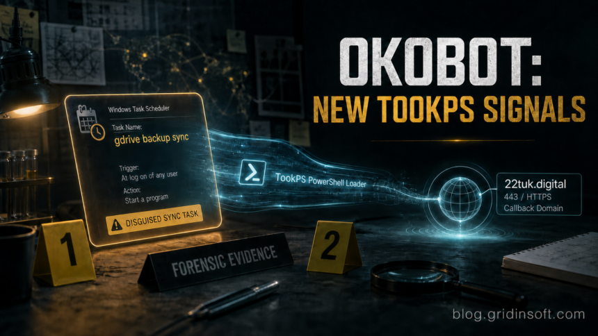 OkoBot TookPS PowerShell loader connecting a disguised scheduled task to a callback domain.