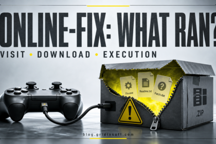 Online-fix.me game download safety decision between a page visit, download, and file execution.