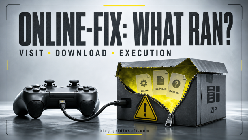 Online-fix.me game download safety decision between a page visit, download, and file execution.