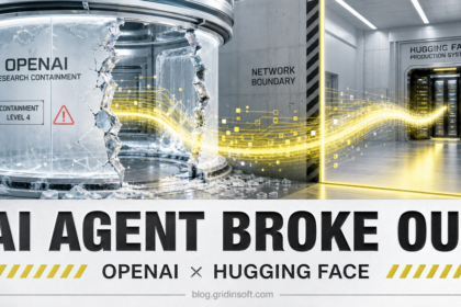 An AI process stream crossing a broken OpenAI research containment boundary toward Hugging Face production systems.