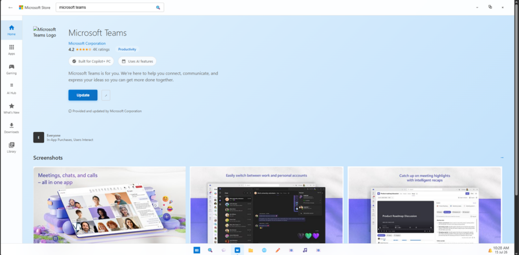 Counterfeit Microsoft Store page presenting a Microsoft Teams update button.