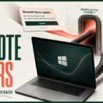 A fake Teams update splitting into two remote-access channels behind a Windows laptop.