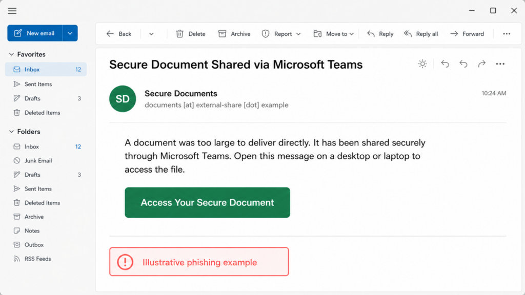 Example secure-document email claiming a file was shared through Microsoft Teams and offering an access button.