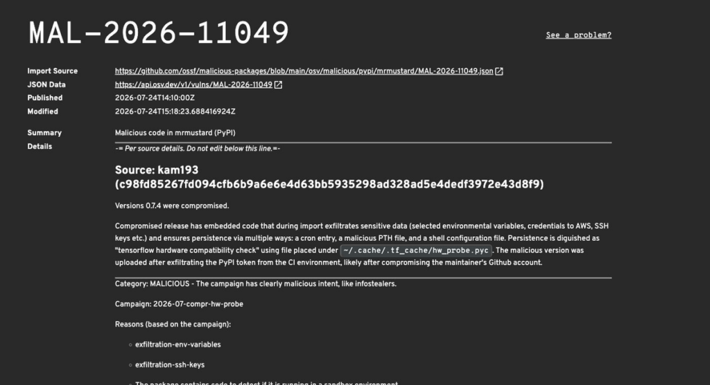 OSV MAL-2026-11049 record identifying mrmustard 0.7.4 credential theft and persistence.